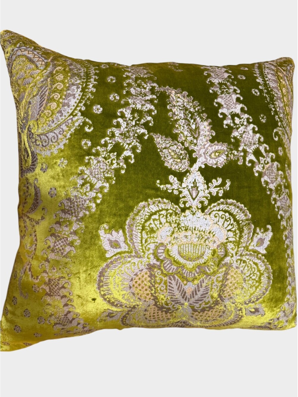 NWOT Chartreuse Green Velvet Metallic Floral Paisley Throw Pillow 20x20